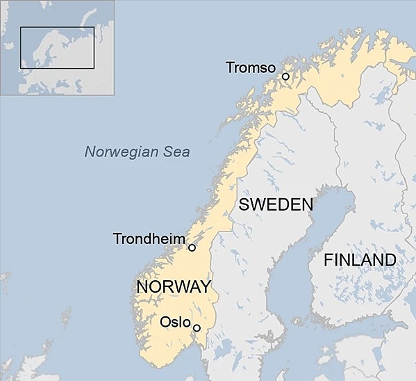 Vị trí thành phố Trondheim, Na Uy. Đồ họa: BBC
