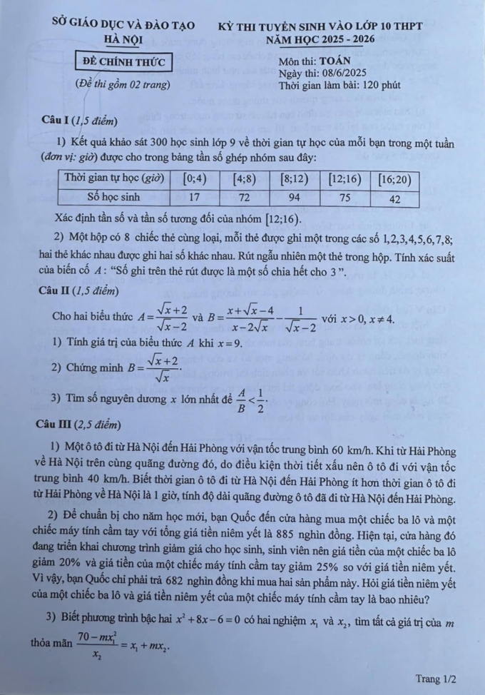 Đề Thi Toán Lớp 10 Tại Hà Nội
