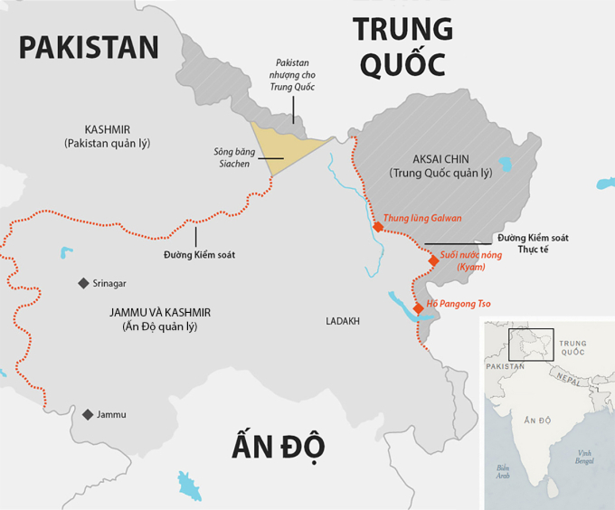 Khu vực ngã ba biên giới Ấn Độ - Pakistan - Trung Quốc. Đồ họa: Telegraph