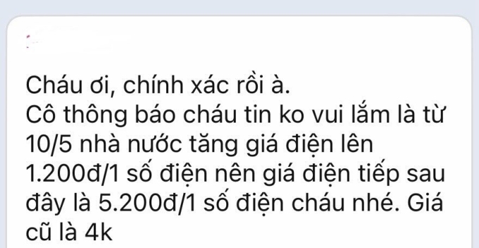 Tin nhắn chủ trọ gửi Thanh An khi điều chỉnh giá điện từ 4.000 đồng một kWh lên 5.200 đồng, áp dụng từ tháng 5/2025. Ảnh: Nhân vật cung cấp