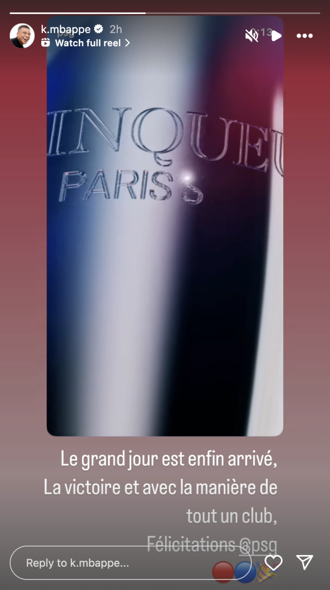 Thông điệp chúc mừng PSG của Mbappe trên Instagram.