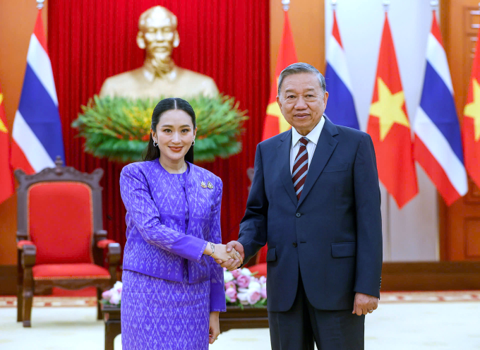 Tổng Bí thư Tô Lâm tiếp Thủ tướng Thái Lan Paetongtarn Shinawatra (trái) ngày 16/5 tại Trụ sở Trung ương Đảng. Ảnh: Giang Huy