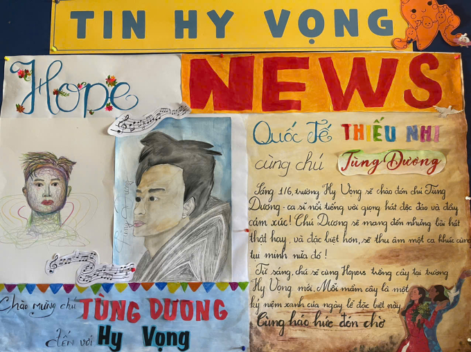 Các em nhỏ vẽ tranh tặng Tùng Dương.