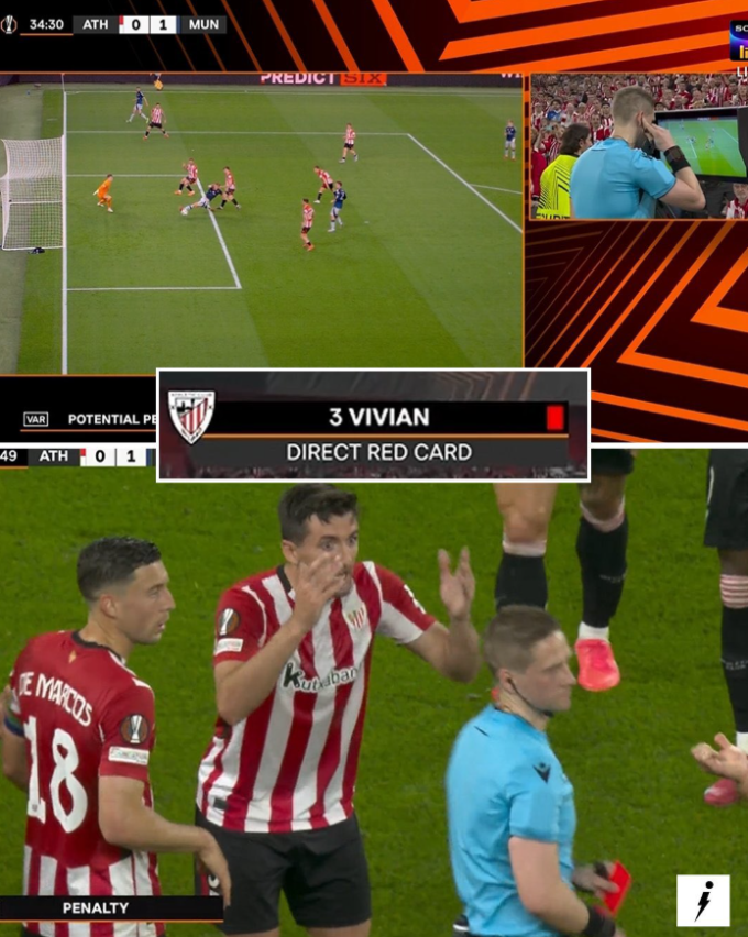 Tình huống dẫn đến thẻ đỏ trực tiếp của Dani Vivian trong trận Bilbao thua Man Utd 0-3 trên sân San Mames, thành phố Bilbao, tỉnh Biscay, xứ Basque, Tây Ban Nha, lượt đi bán kết Europa League tối 1/5/2025.