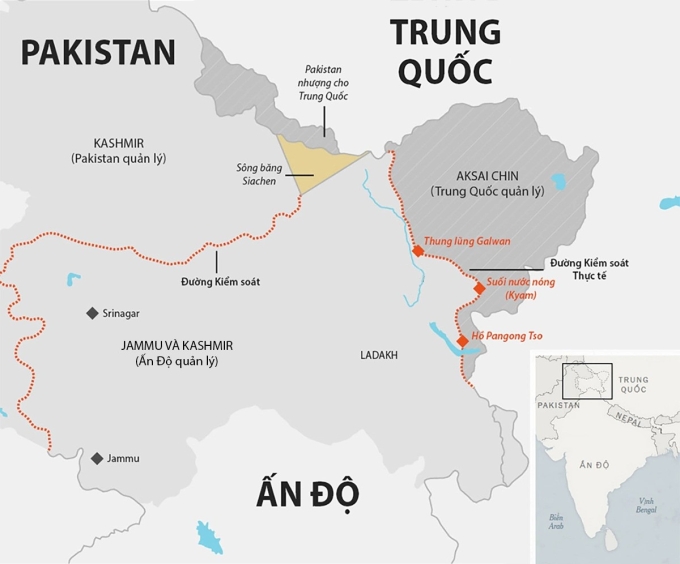 Khu vực Kashmir và ngã ba biên giới Ấn Độ - Pakistan - Trung Quốc. Đồ họa:Telegraph