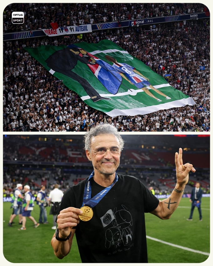 HLV Luis Enrique mặc áo tri ân Xana và bức mô tả Enrique đang cắm cờ PSG xuống sân cùng cô con gái yểu mệnh.