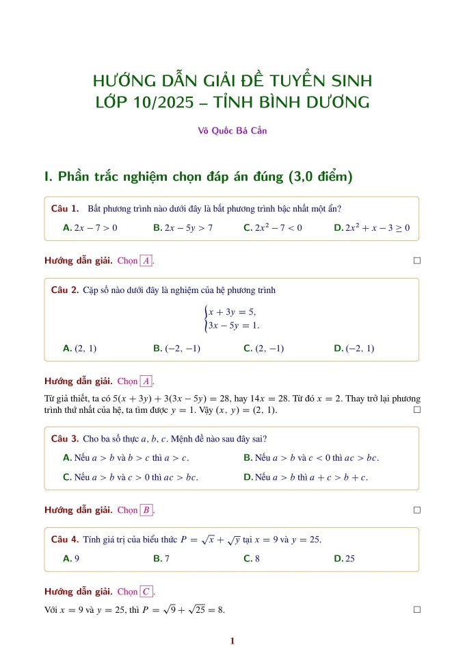 Lời giải đề thi môn Toán vào lớp 10 tại Bình Dương