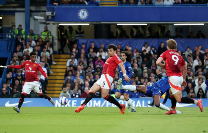 Harry Maguire dứt điểm ghi bàn, nhưng bị khước từ vì lỗi việt vị, trong trận Man Utd thua Chelsea 0-1 trên sân Stamford Bridge, thành phố London, Vương quốc Anh, vòng 37 Ngoại hạng Anh tối 16/5/2025. Ảnh: Reuters