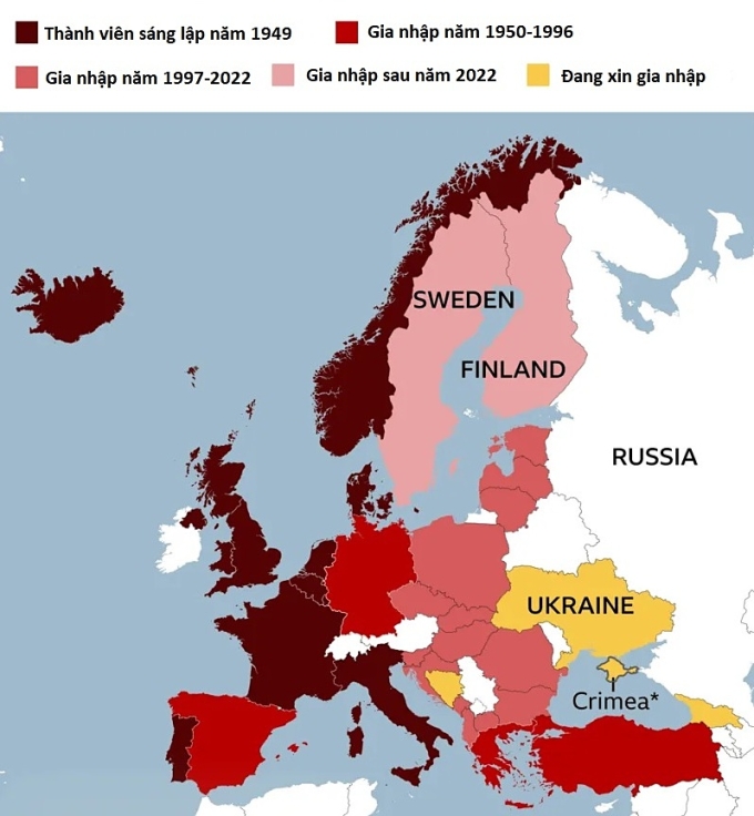 Các nước thành viên NATO theo năm gia nhập. Đồ họa: BBC