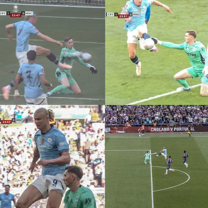 Tình huống Dean Henderson cản bóng bằng tay ngoài vòng cấm, nhưng không bị thổi phạt.