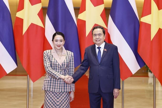 Chủ tịch Quốc hội Trần Thanh Mẫn hội kiến Thủ tướng Thái Lan Paetongtarn Shinawatra ngày 15/5. Ảnh: TTXVN